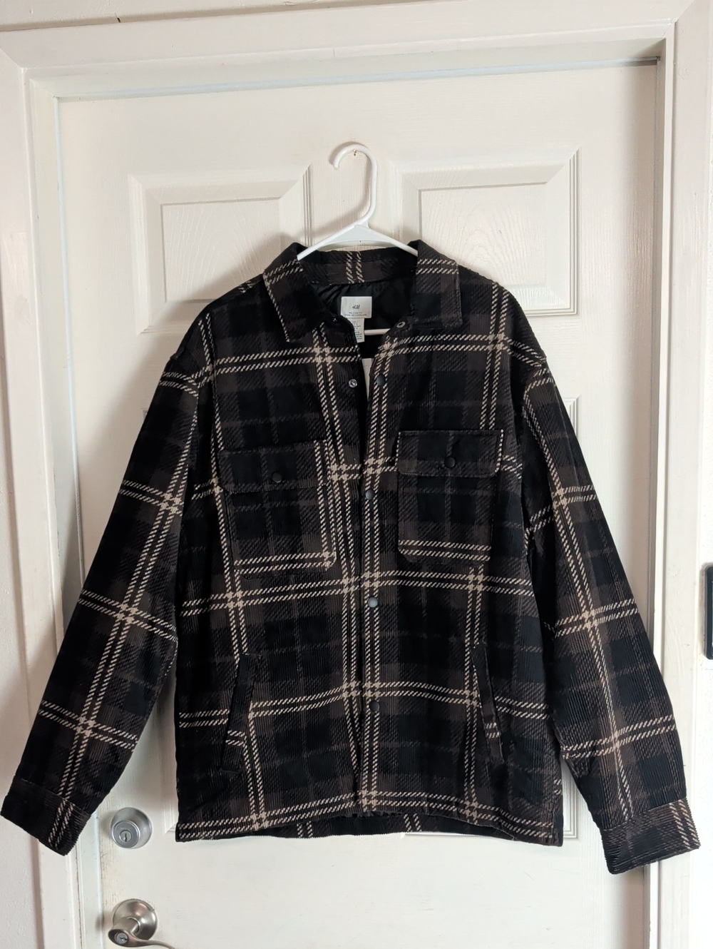 H&M Jacket Mens Large Black Brown Plaid Corduroy Quilted Snap Insulated Lined